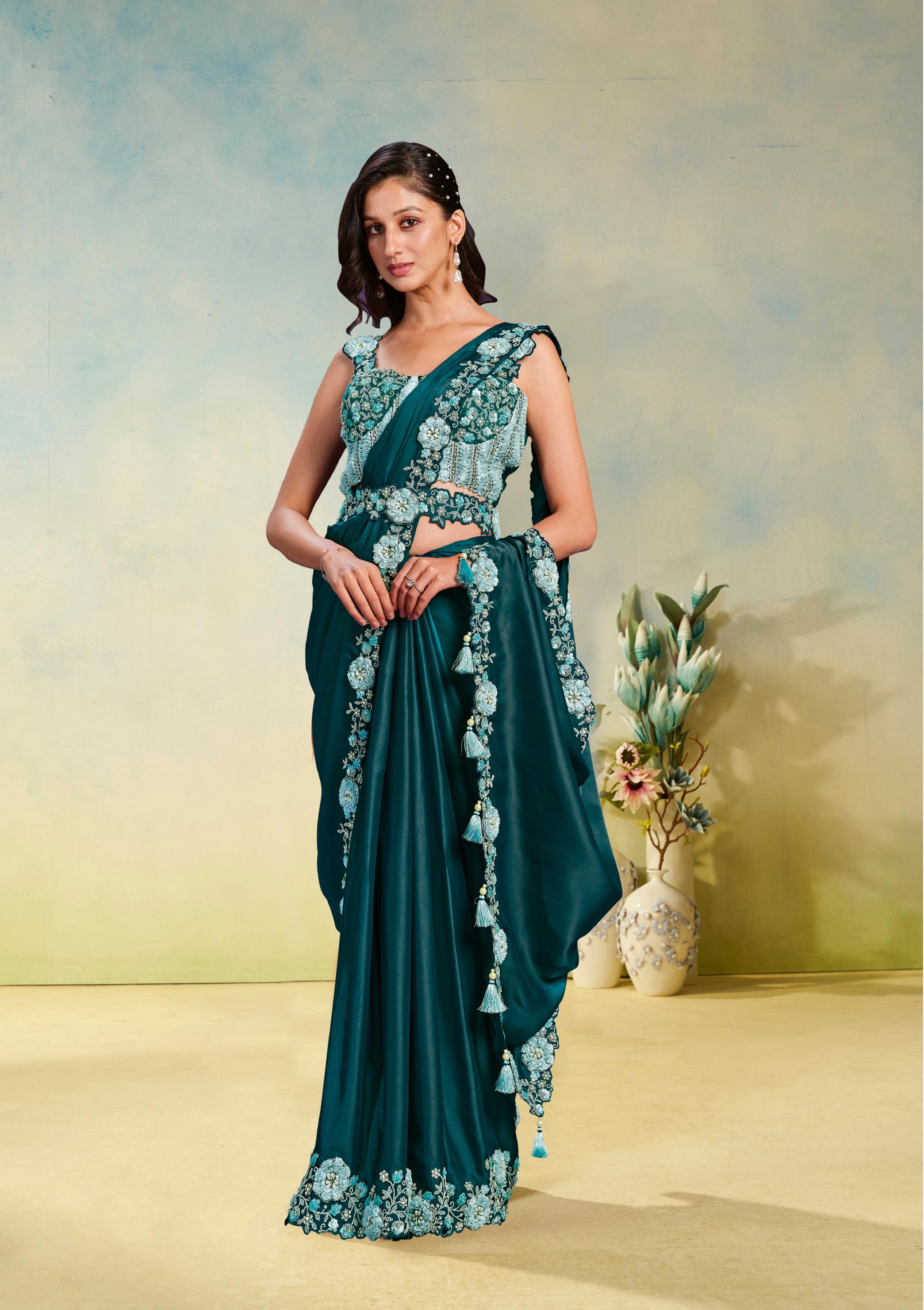 Teal Satin Silk Saree with Pearl & Stone Work