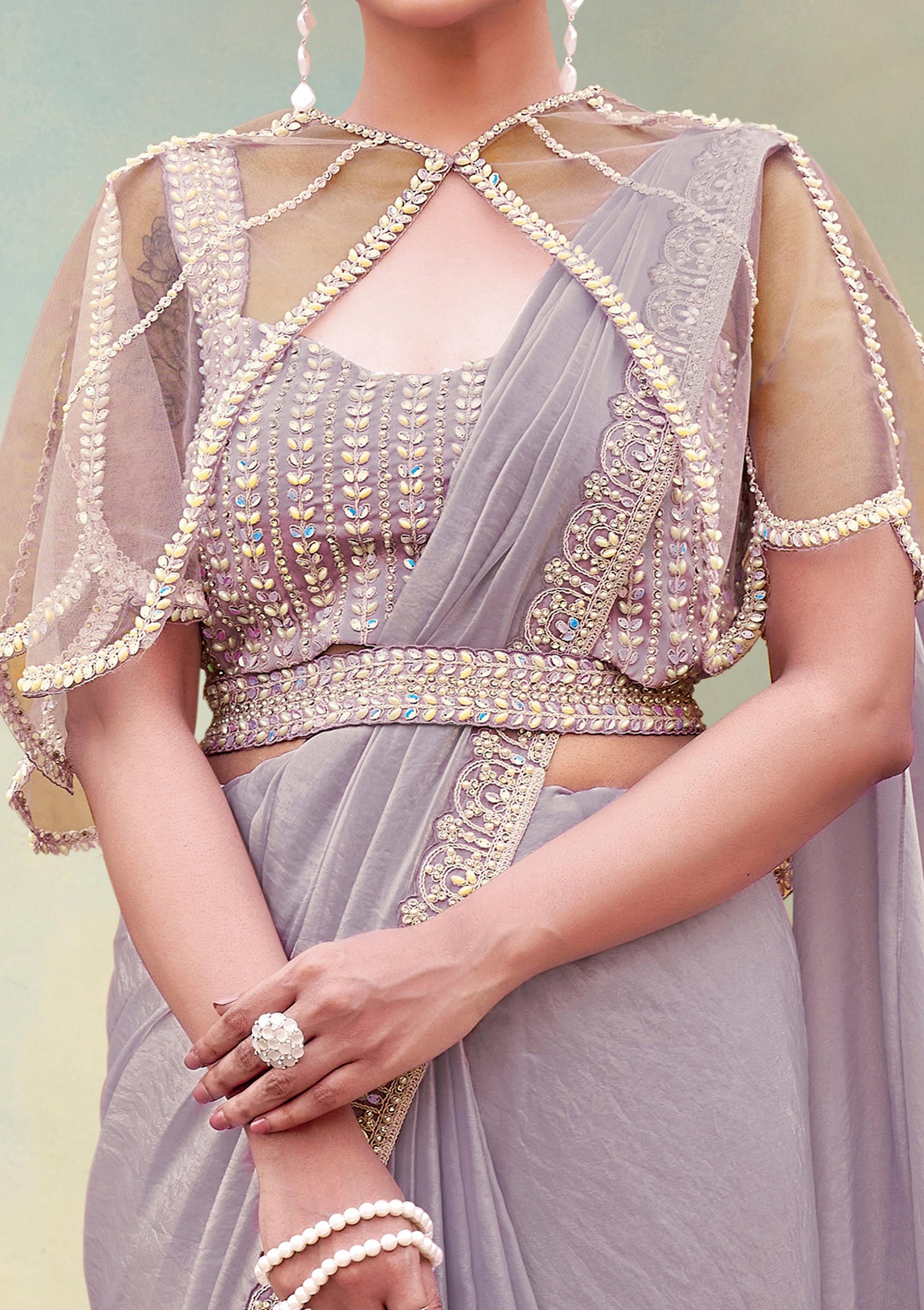 Dusty Lilac Embellished Satin Silk Draped Saree