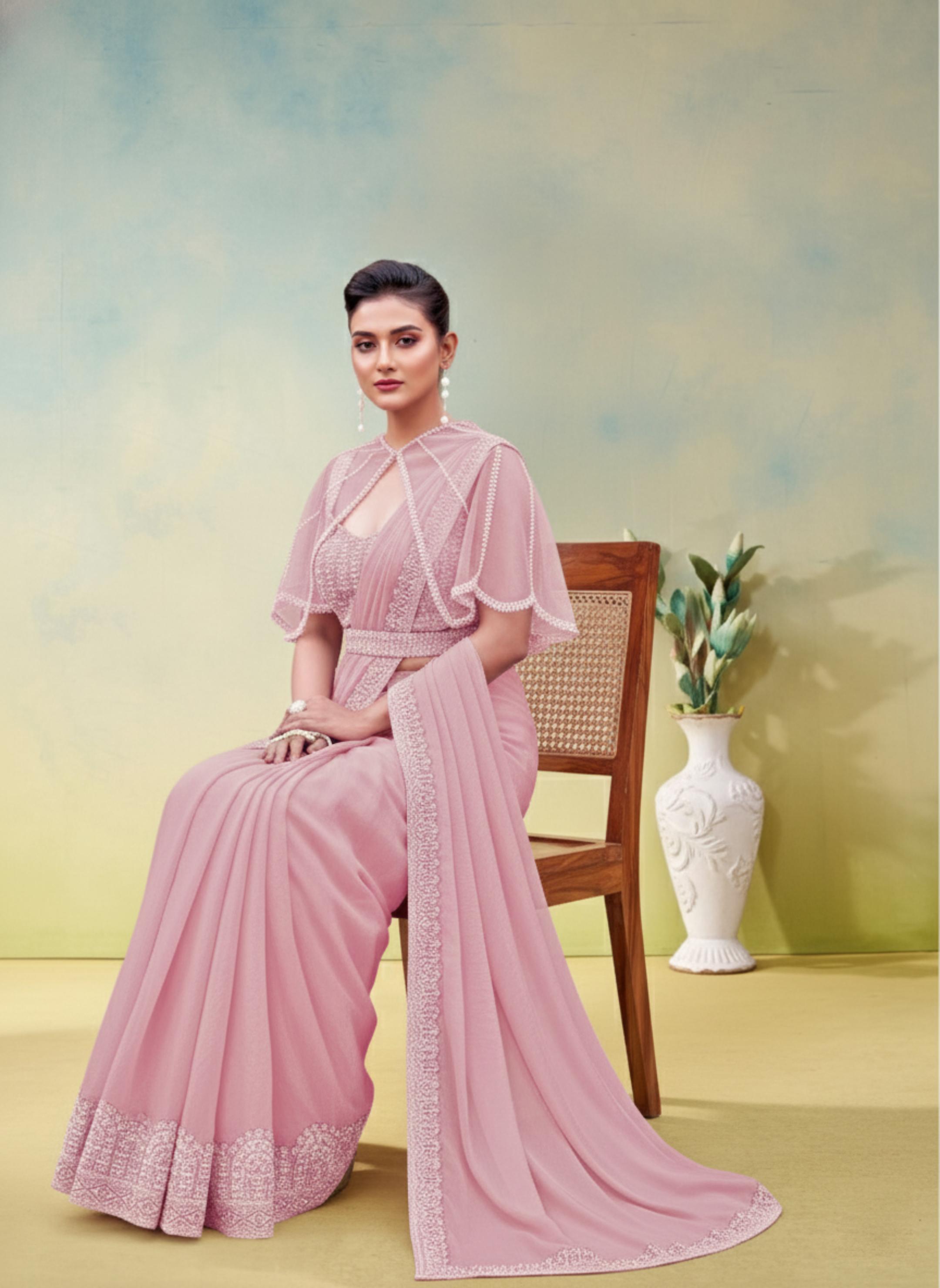 Dusty Rose Embellished Satin Silk Draped Saree