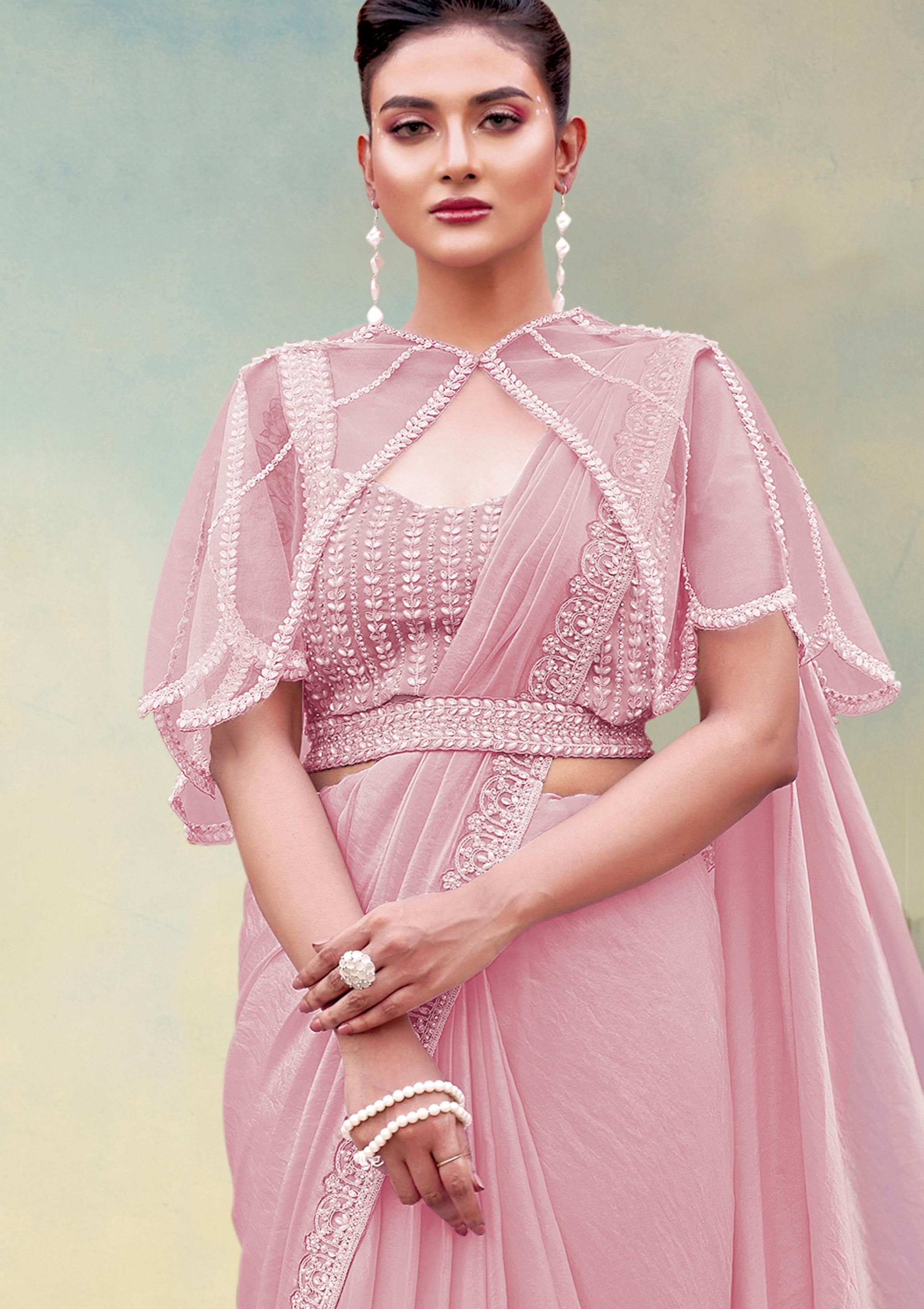 Dusty Rose Embellished Satin Silk Draped Saree