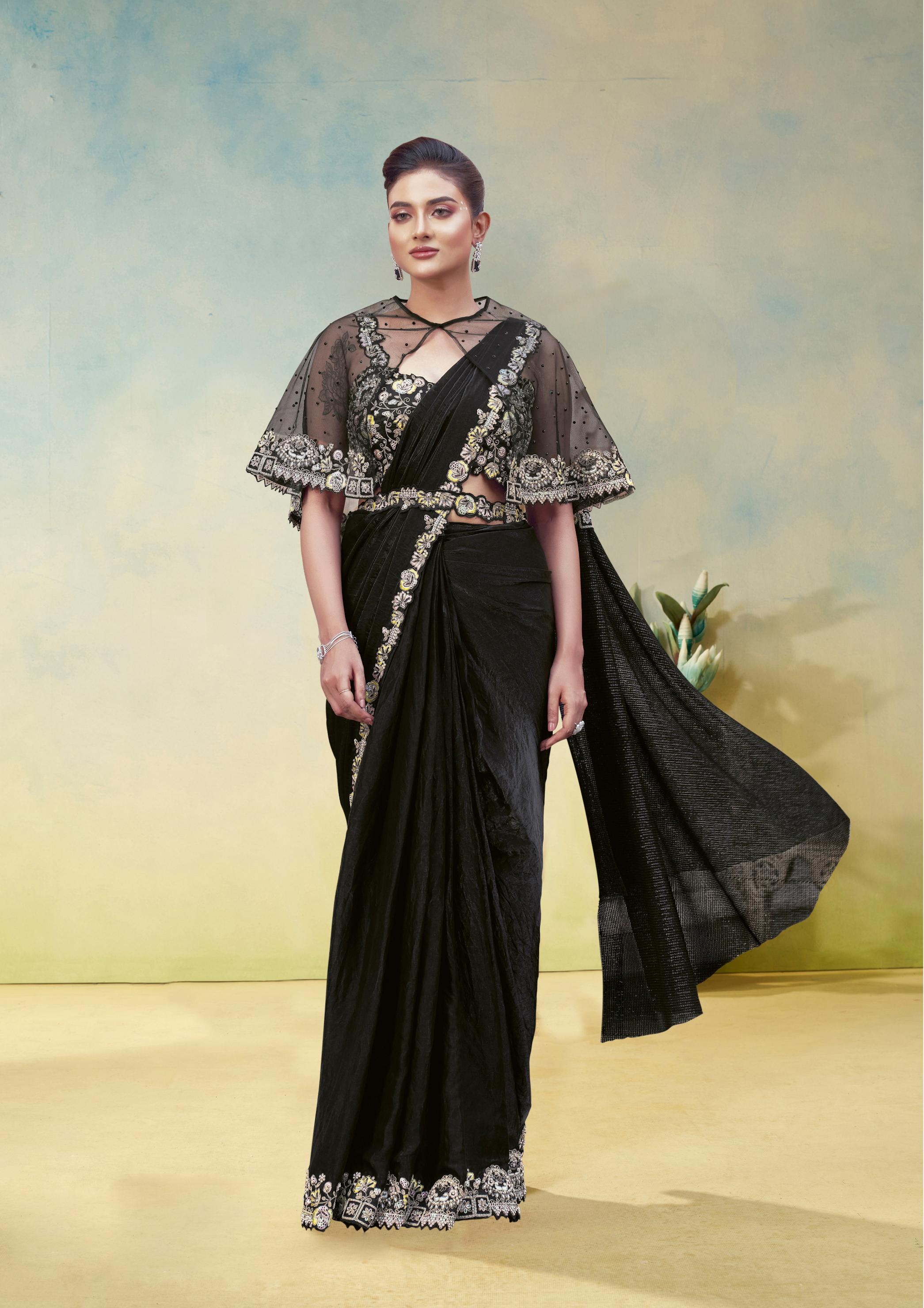Jet Black Embellished Satin Silk Draped Saree