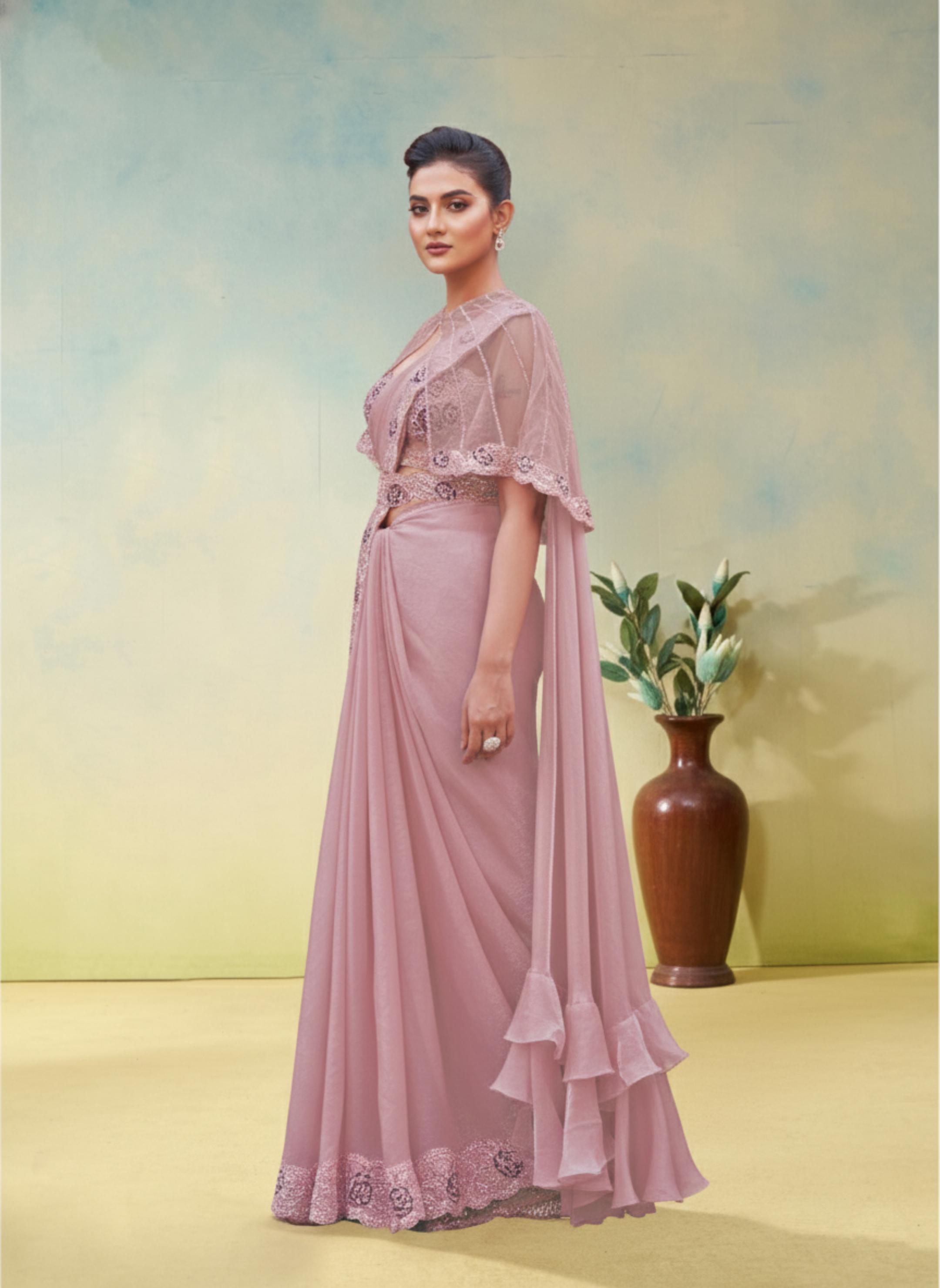 Soft Pink Embellished Satin Silk Draped Saree