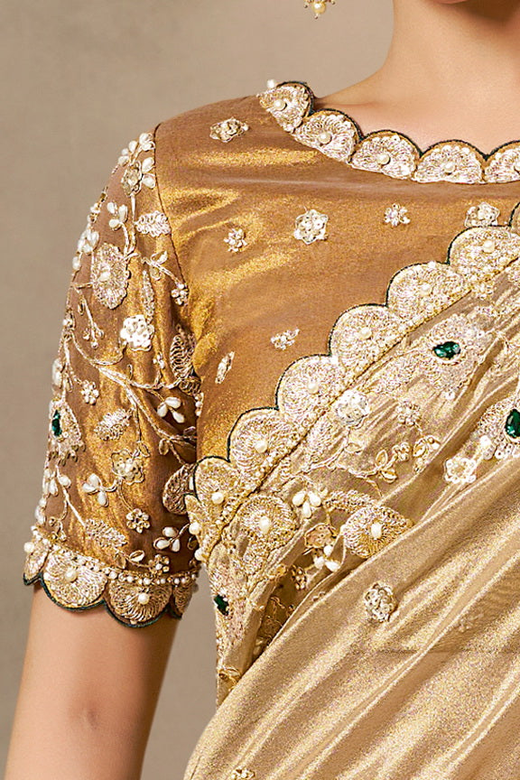 Golden Embellished Kora Zari Tissue Silk Saree