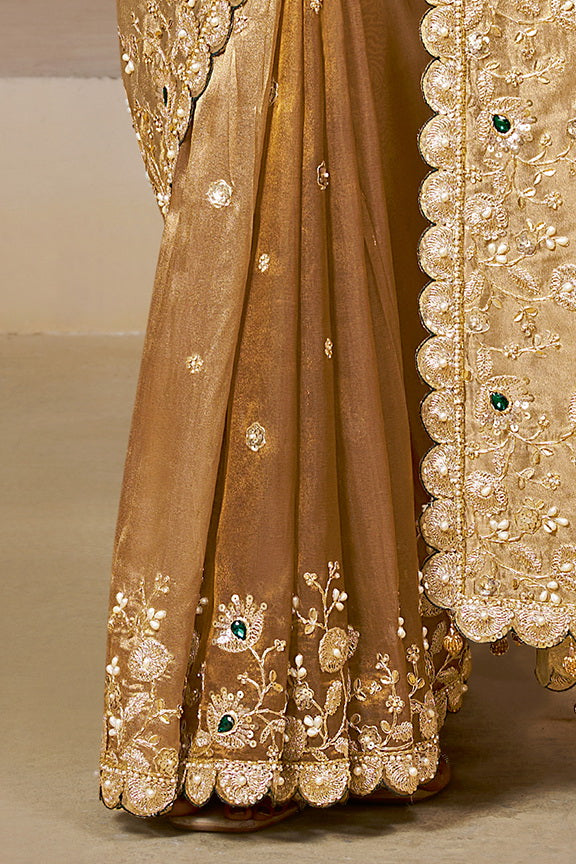 Golden Embellished Kora Zari Tissue Silk Saree