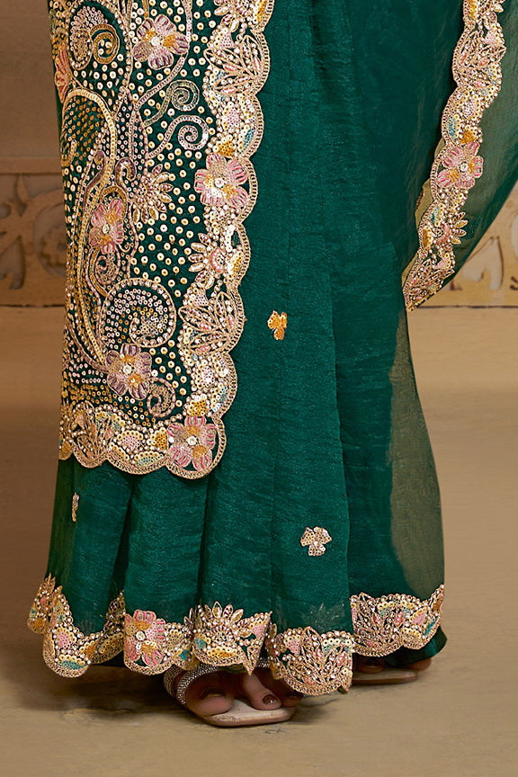 Peacock Green Embellished Organza Satin Silk Saree