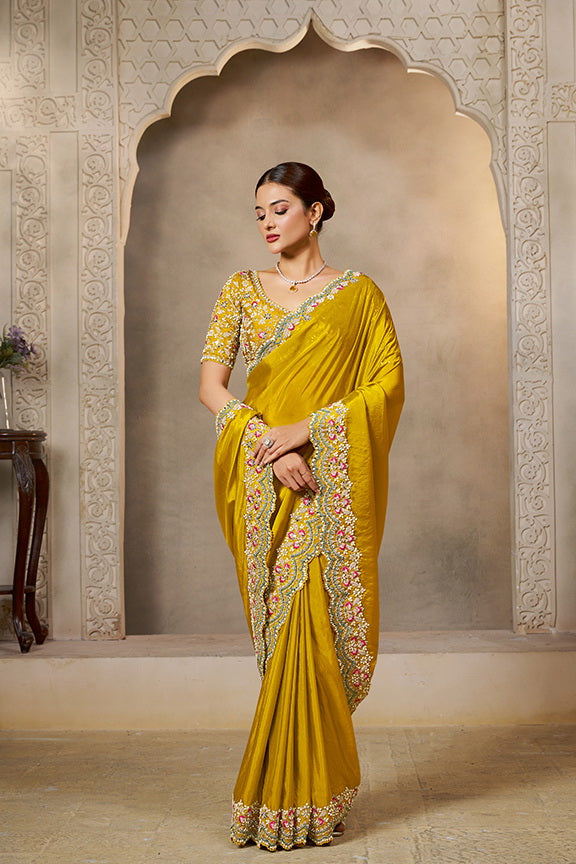 Soft Yellow Embellished Satin Silk Saree