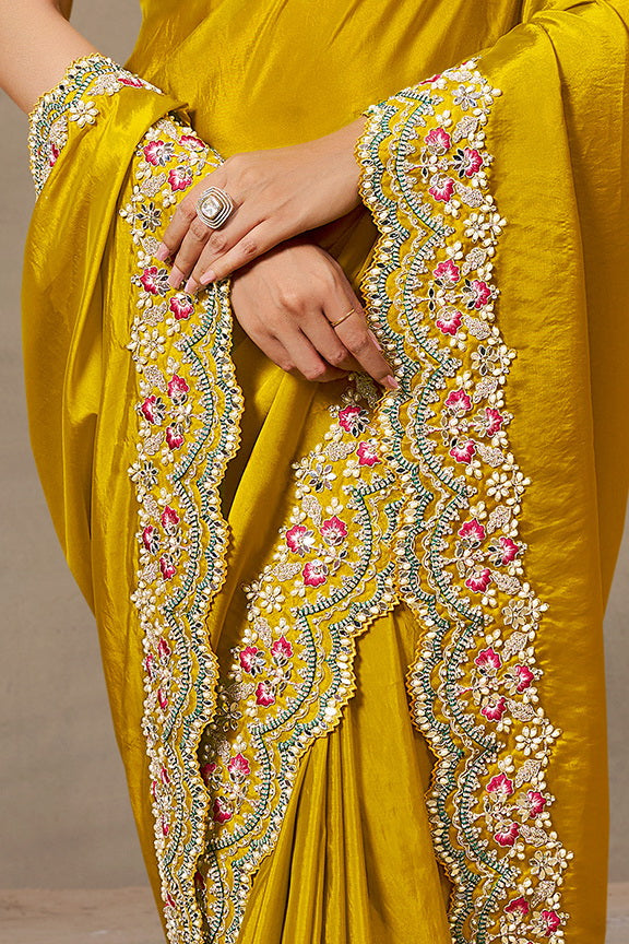 Soft Yellow Embellished Satin Silk Saree