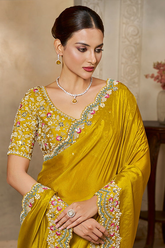 Soft Yellow Embellished Satin Silk Saree