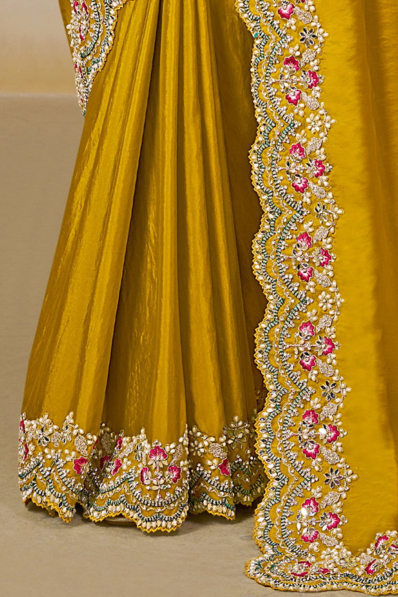 Soft Yellow Embellished Satin Silk Saree