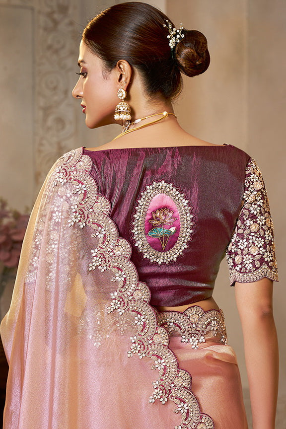 Dusty Rose Embellished Organza Silk Saree