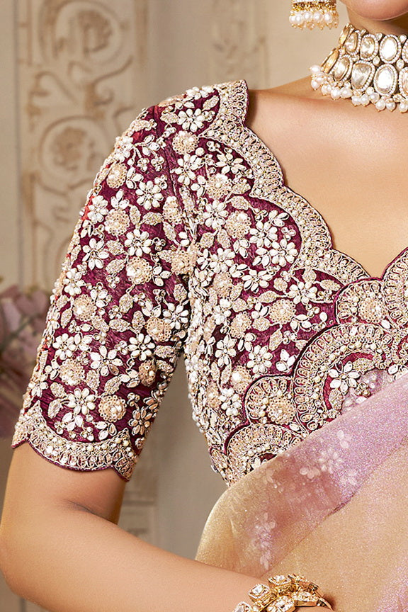 Dusty Rose Embellished Organza Silk Saree