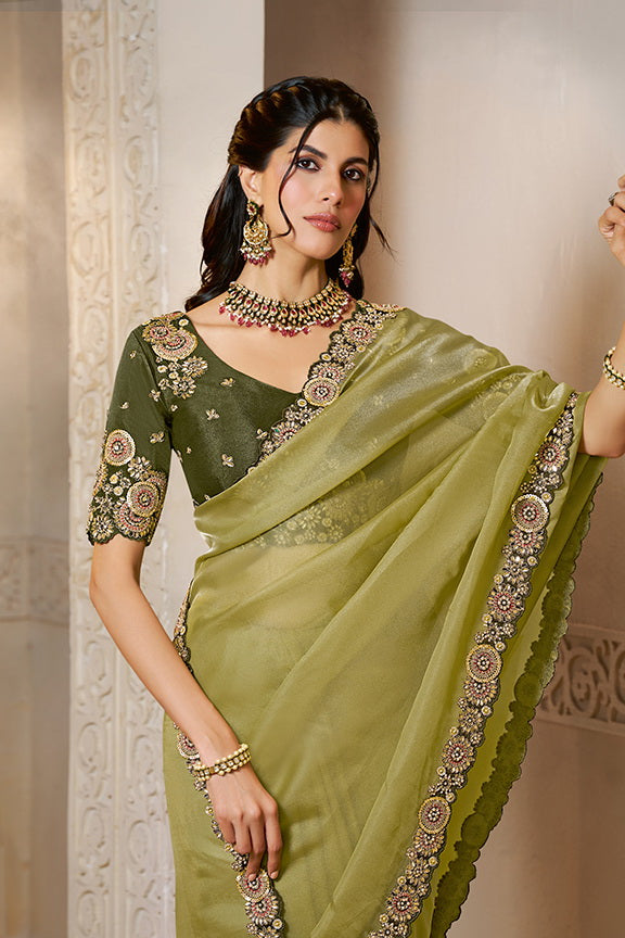 Mehendi Green Embellished Organza Satin Saree