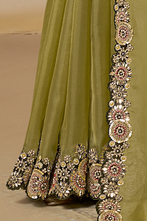 Mehendi Green Embellished Organza Satin Saree