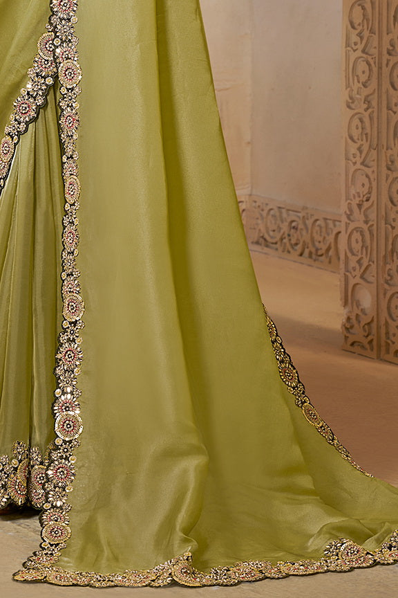 Mehendi Green Embellished Organza Satin Saree
