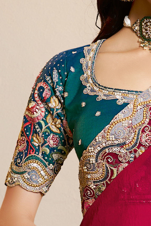 Raspberry Embellished Satin Silk Saree