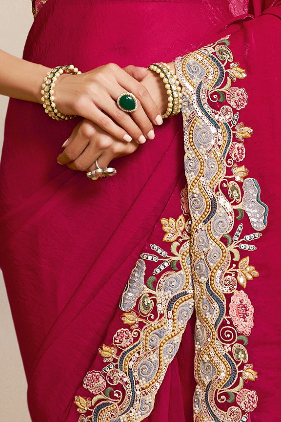 Raspberry Embellished Satin Silk Saree