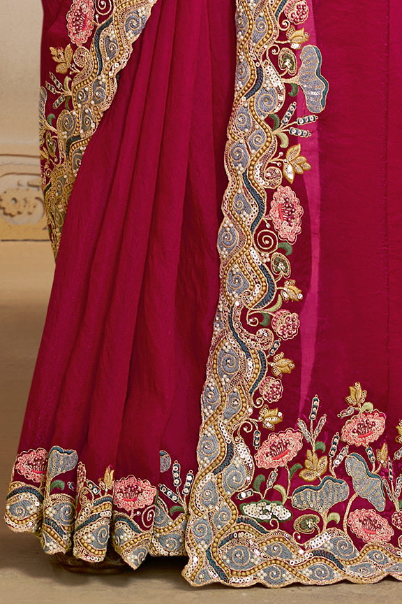Raspberry Embellished Satin Silk Saree