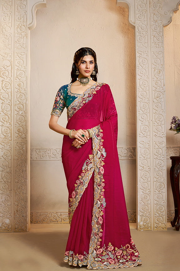 Raspberry Embellished Satin Silk Saree
