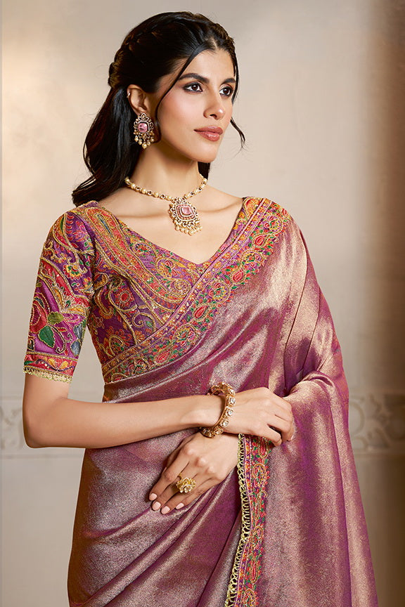 Soft Purple Embroidered jacquard Silk Saree