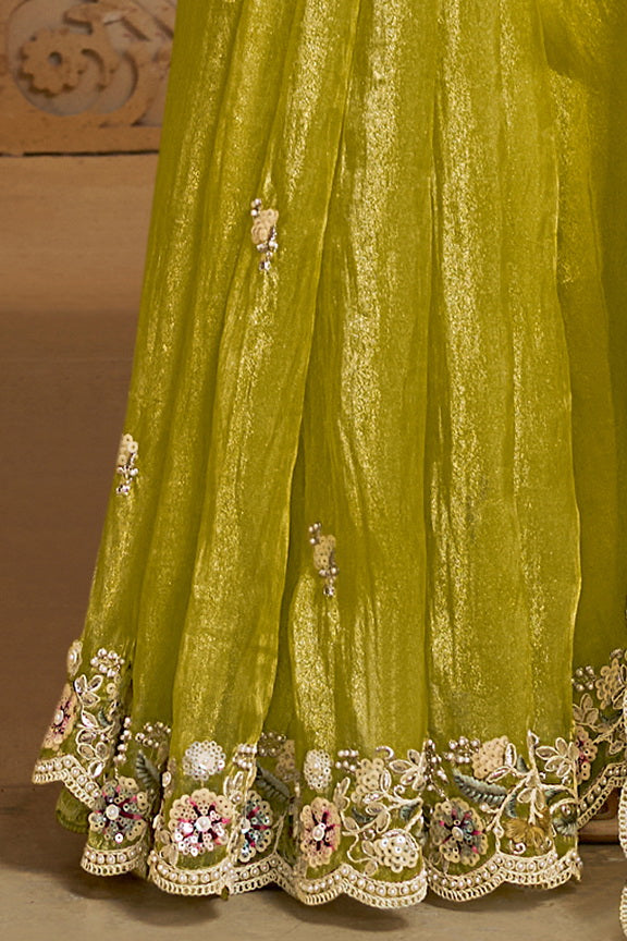 Light Yellow Embellished Organza Silk Saree