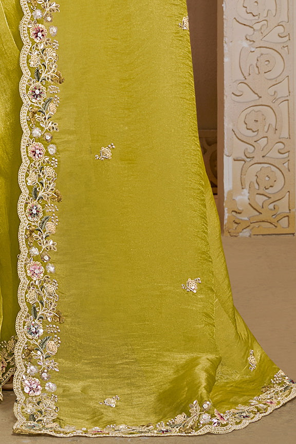 Light Yellow Embellished Organza Silk Saree