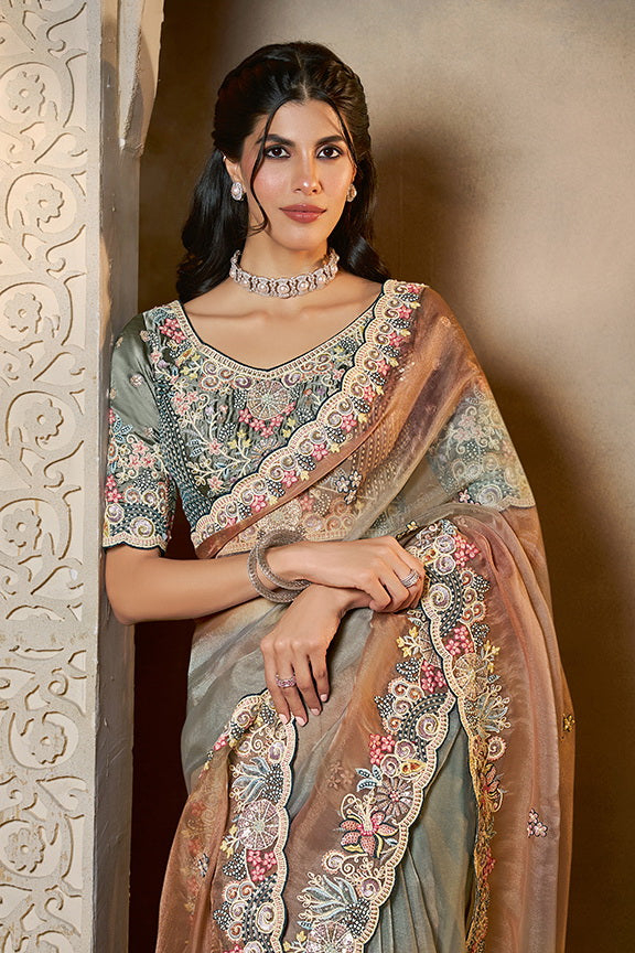 Shaded Grey Embellished Organza Satin Saree