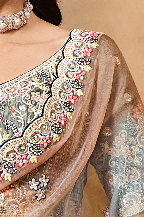 Shaded Grey Embellished Organza Satin Saree