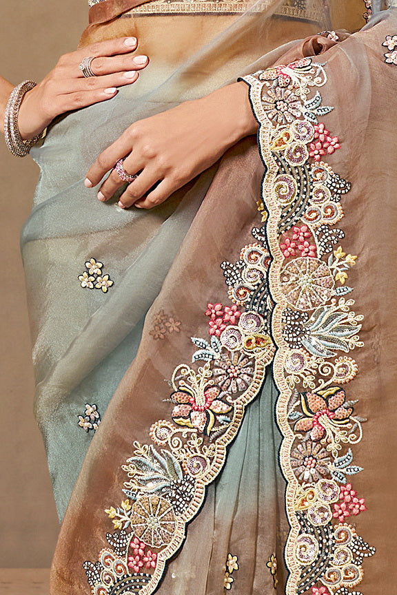 Shaded Grey Embellished Organza Satin Saree