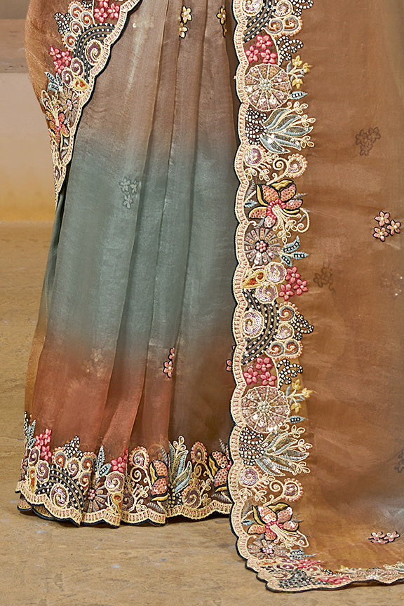 Shaded Grey Embellished Organza Satin Saree