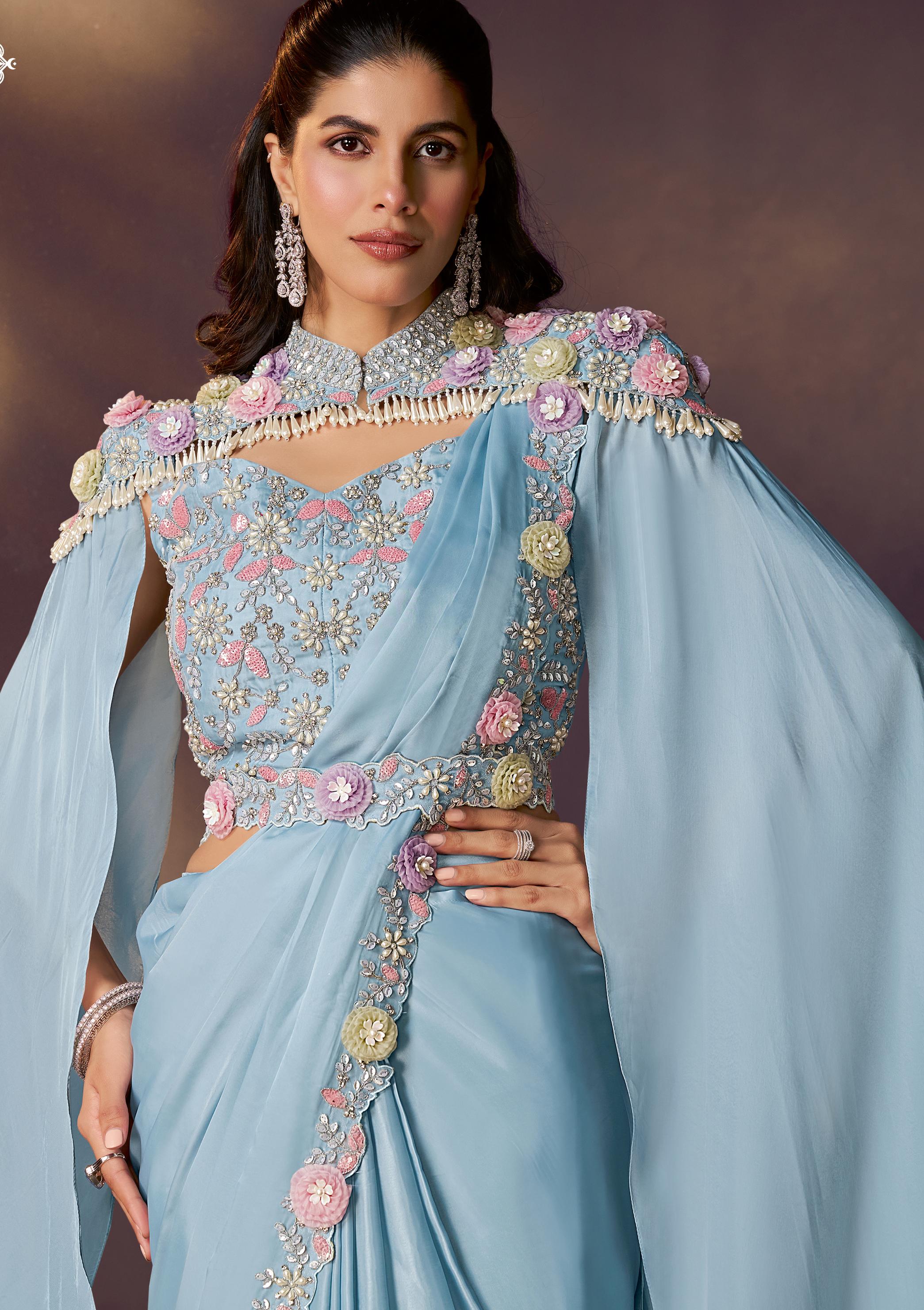 Sky Blue Embellished Satin Silk Draped Saree