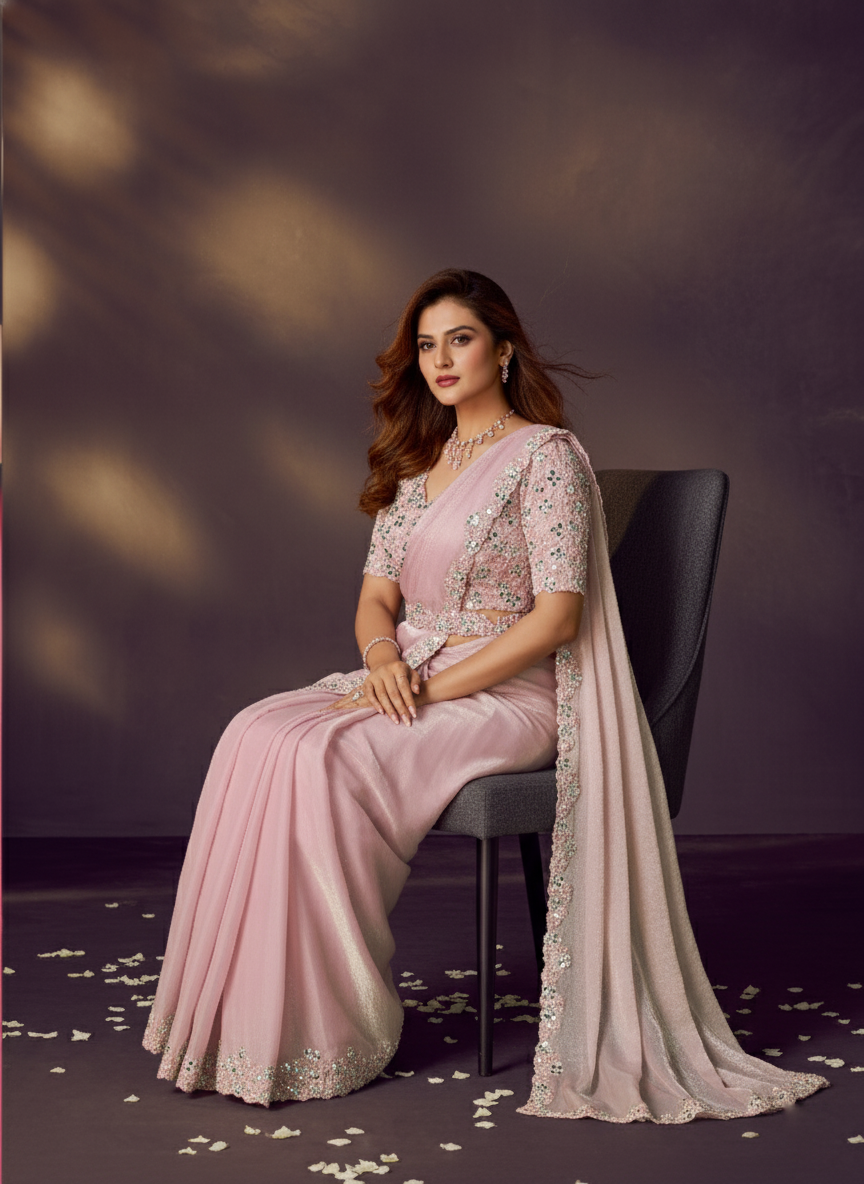 Blush Pink Embellished Satin Silk Draped Saree