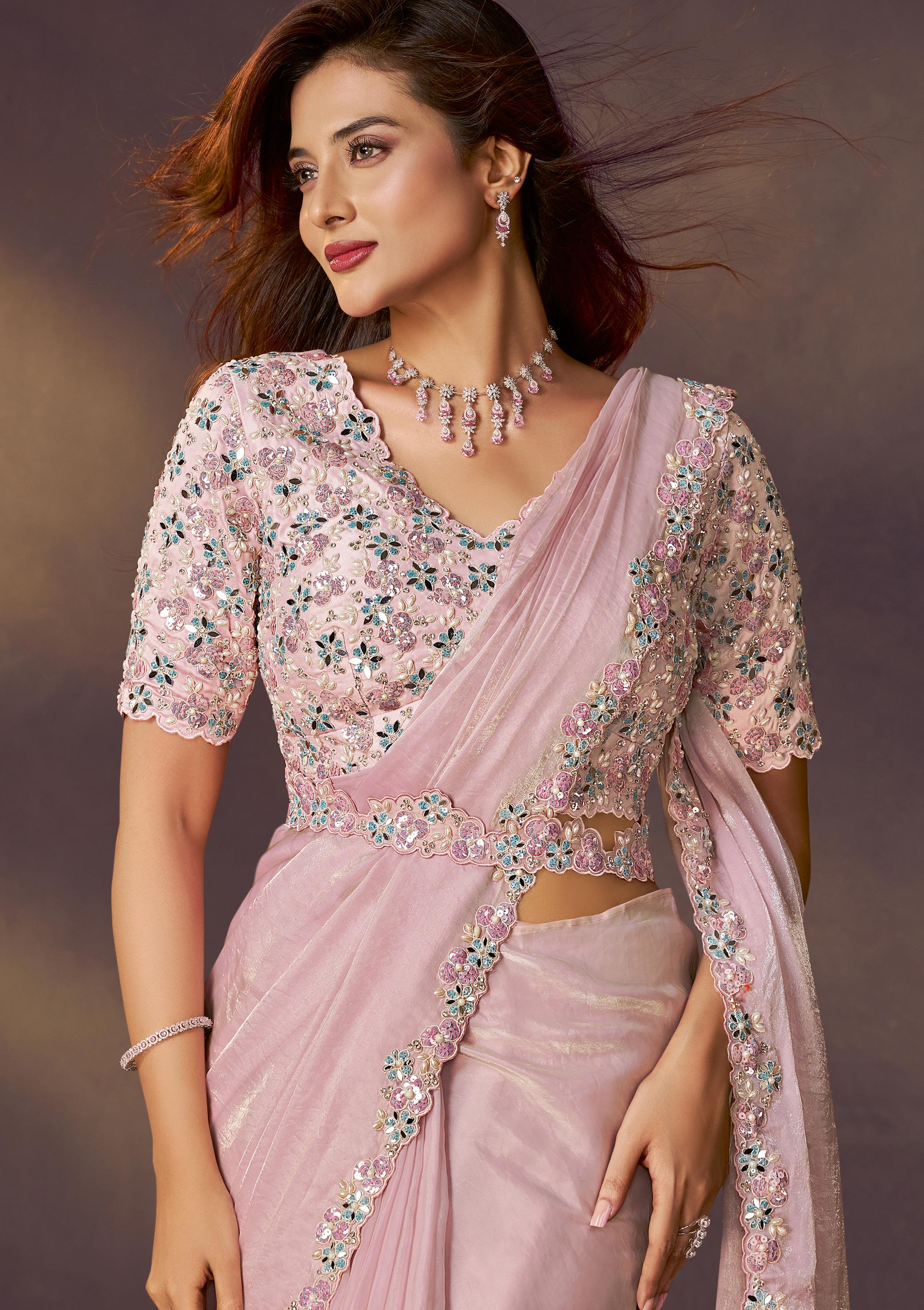 Blush Pink Embellished Satin Silk Draped Saree