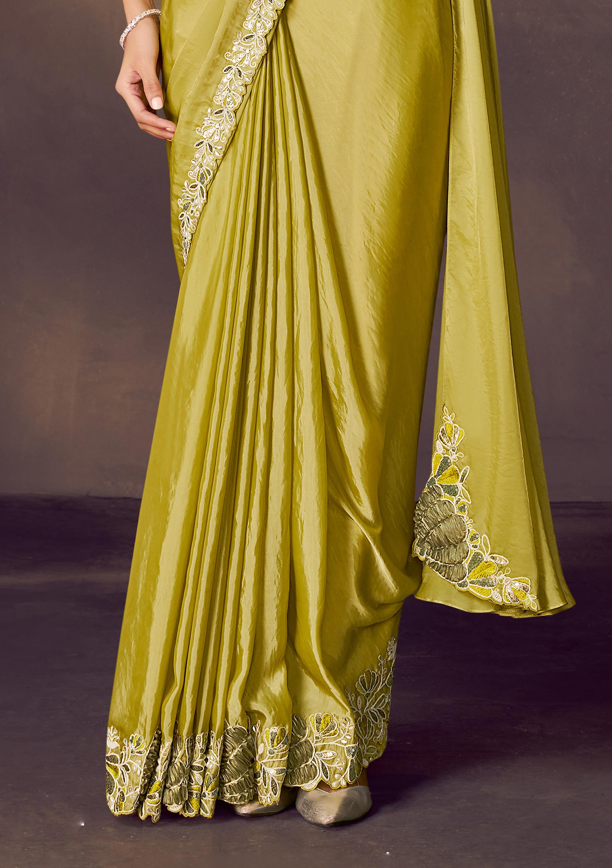 Lime Green Embellished Satin Silk Draped Saree