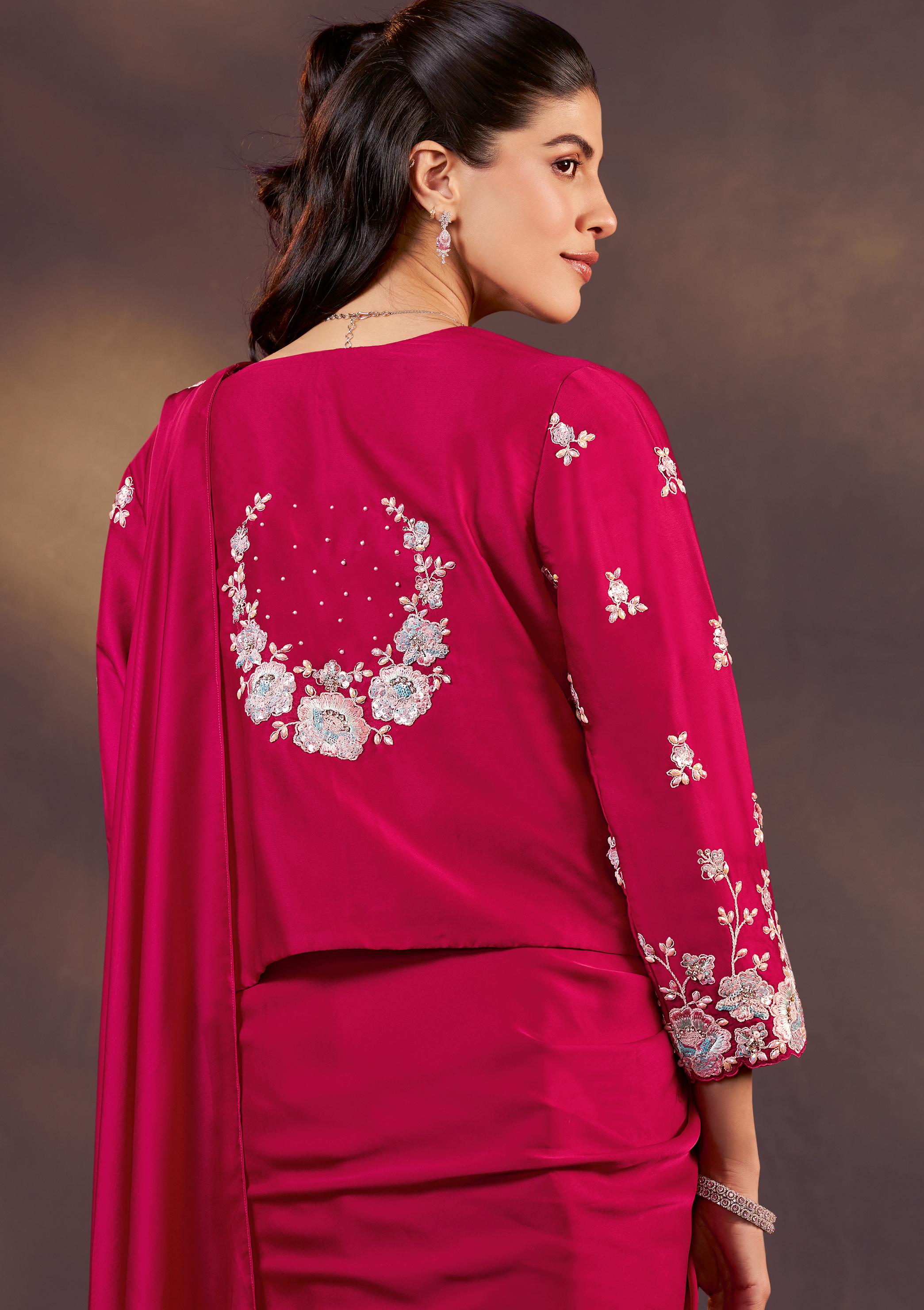 Rani Pink Embellished Satin Silk Draped Saree