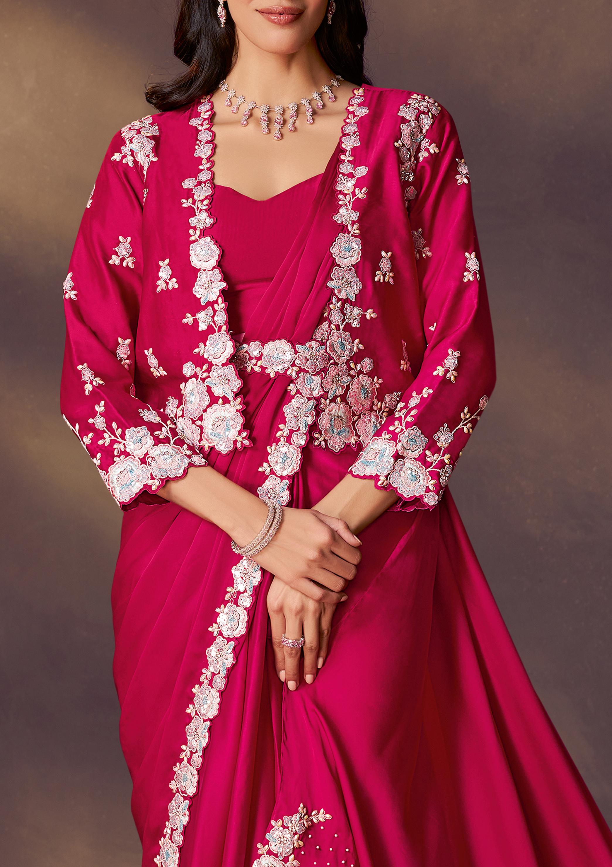 Rani Pink Embellished Satin Silk Draped Saree