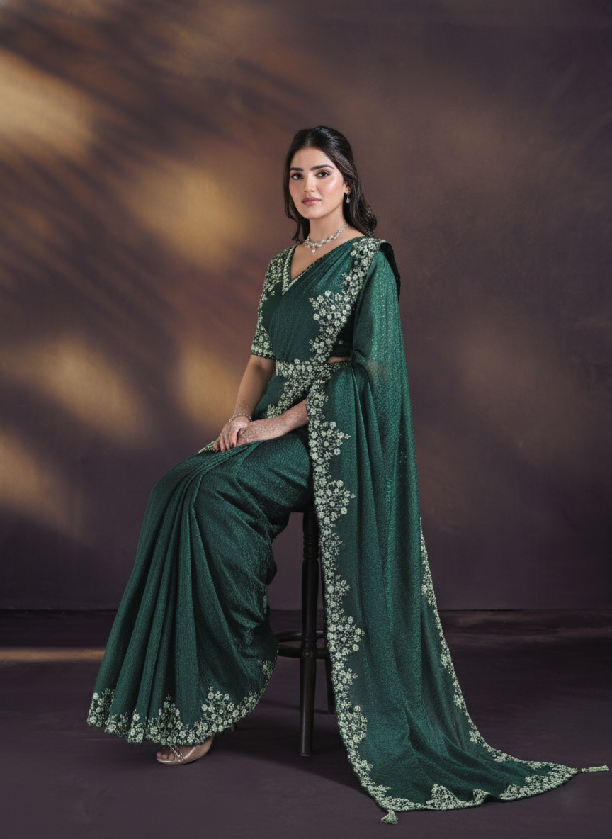 Forest Green Embellished Satin Silk Draped Saree