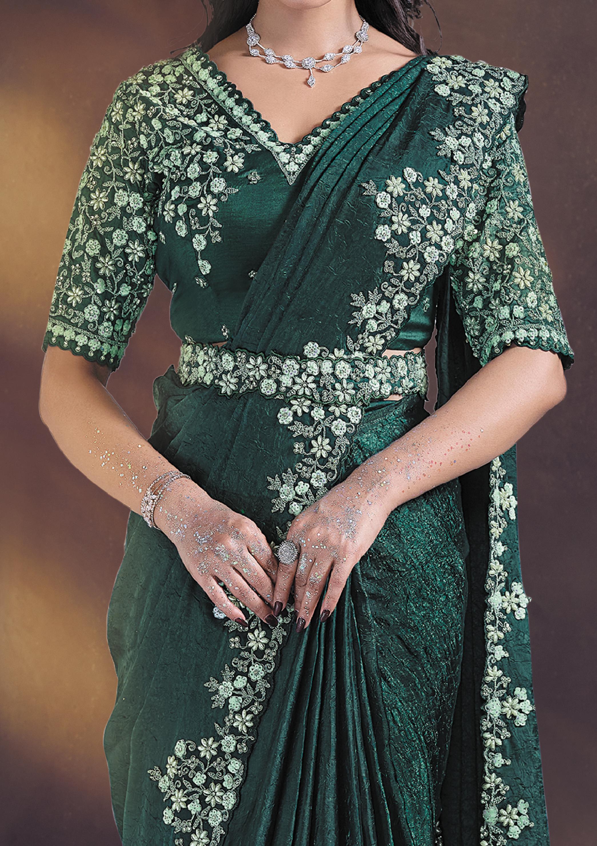 Forest Green Embellished Satin Silk Draped Saree