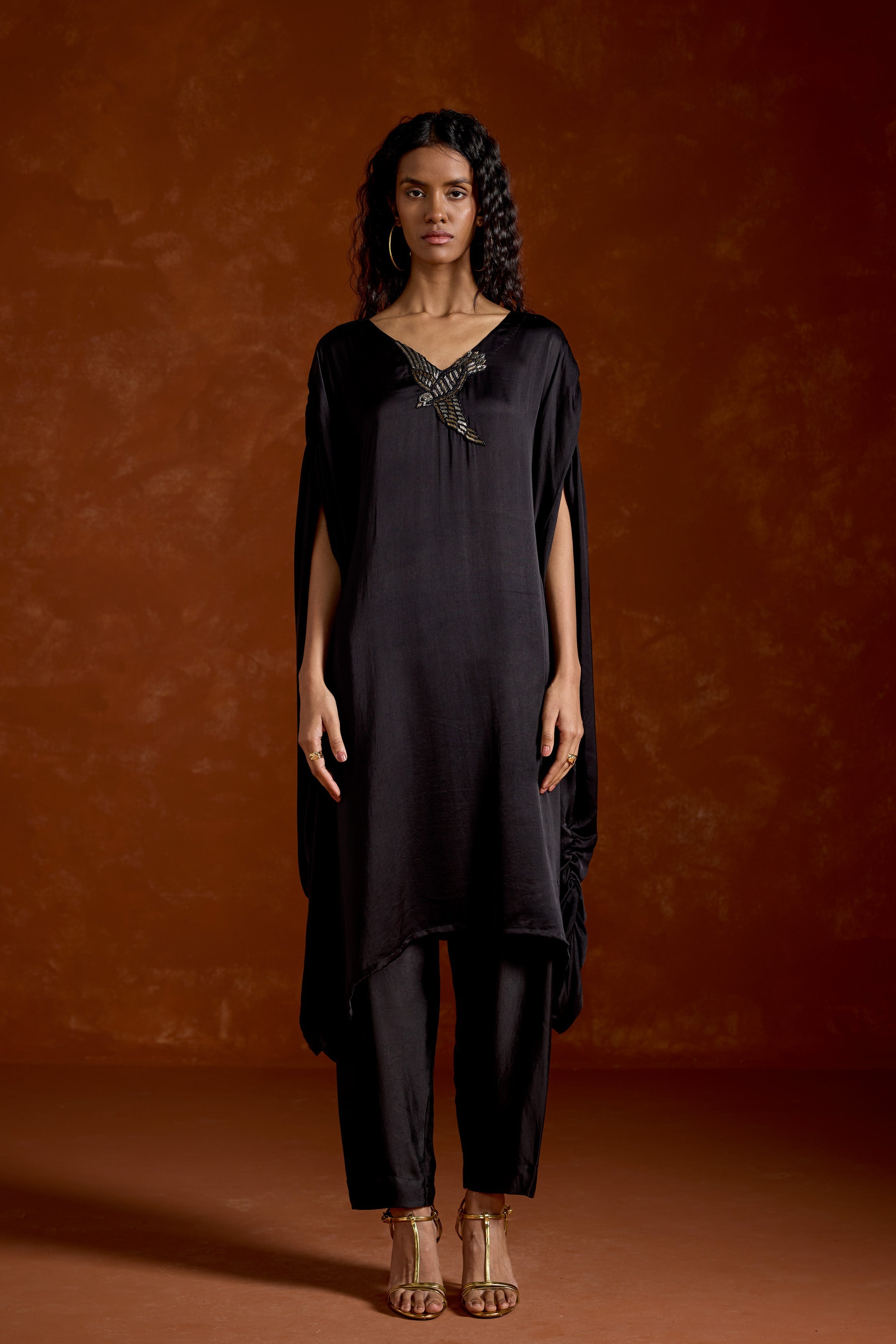 Black Embellished Satin Silk Kaftan Set