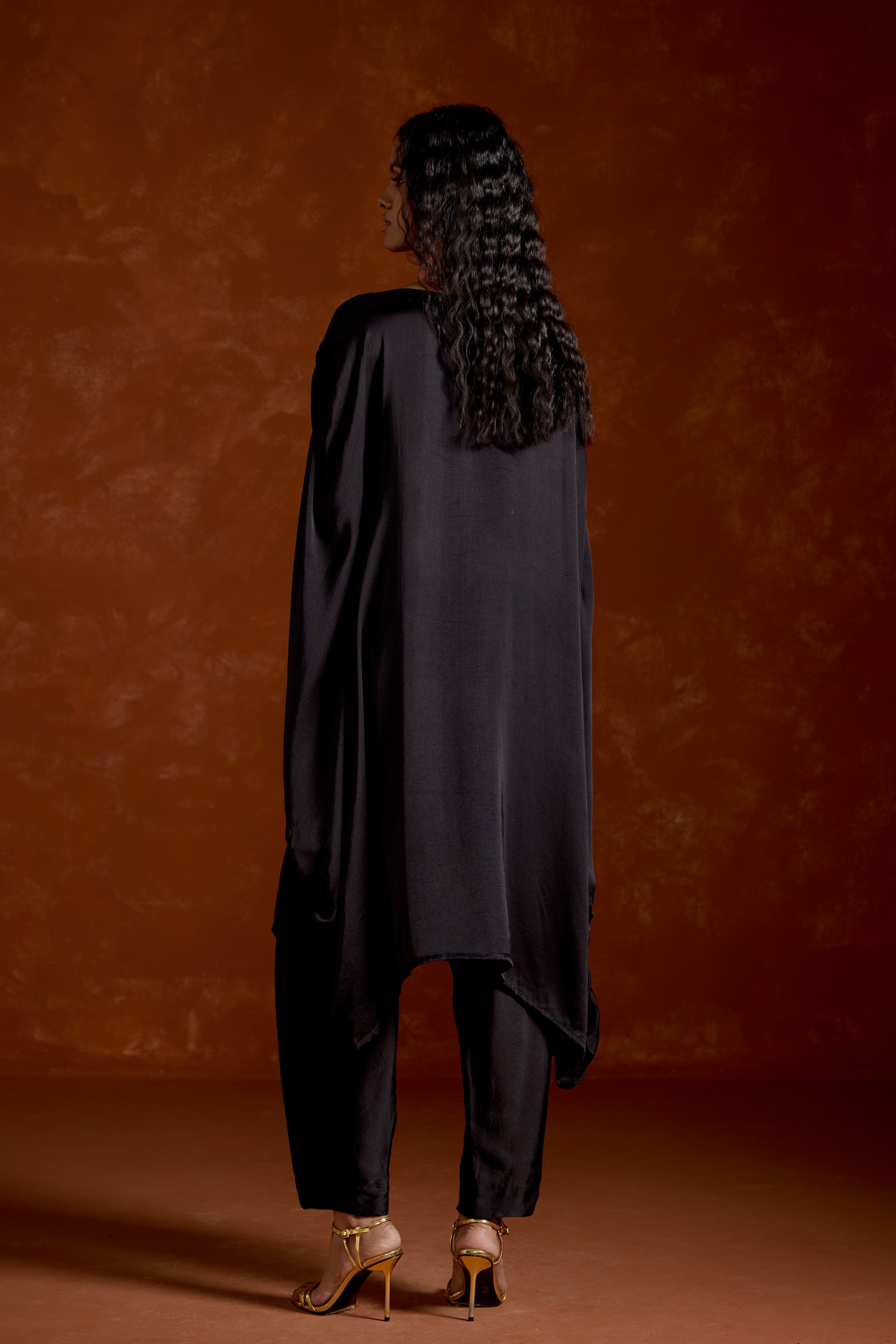 Black Embellished Satin Silk Kaftan Set