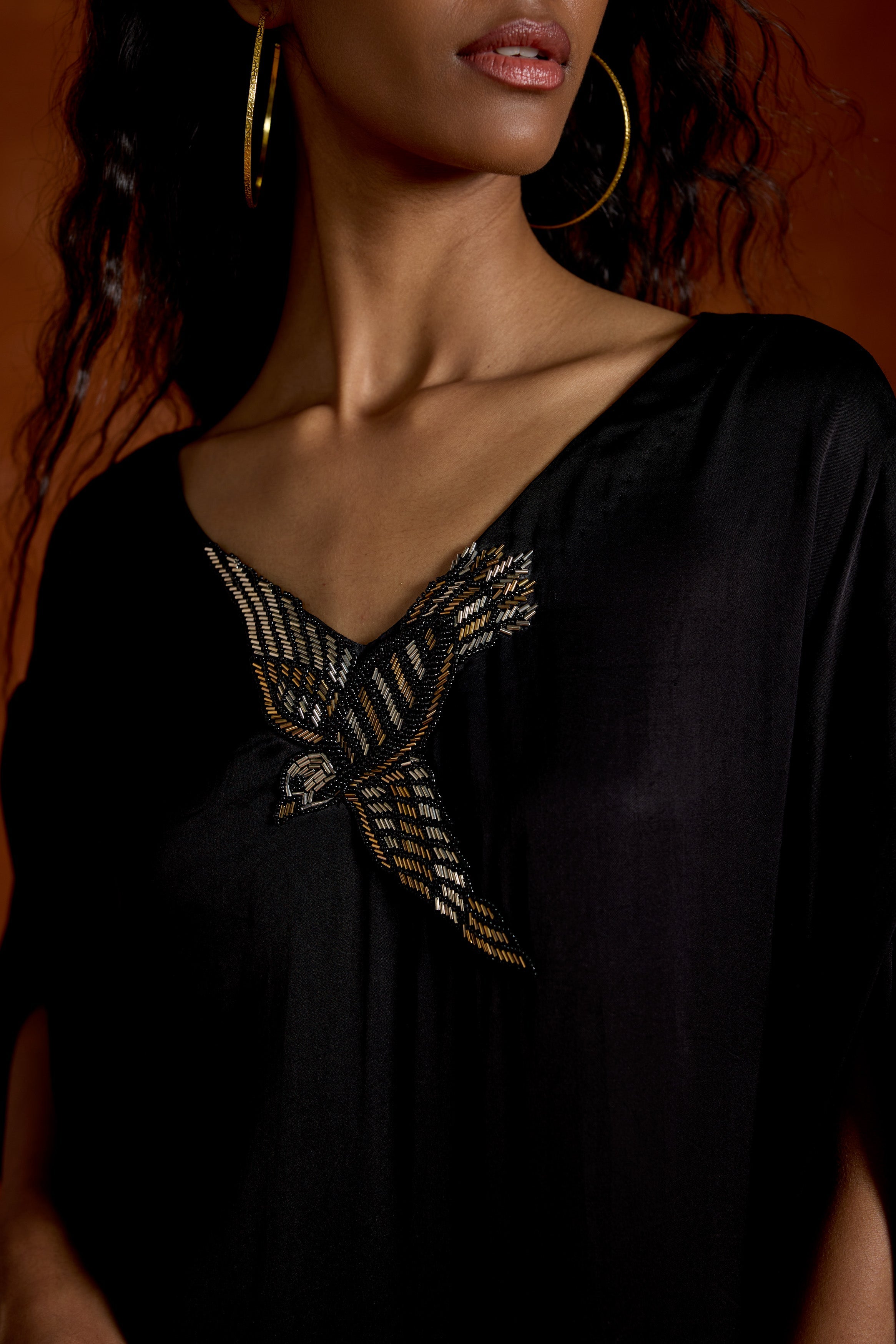 Black Embellished Satin Silk Kaftan Set