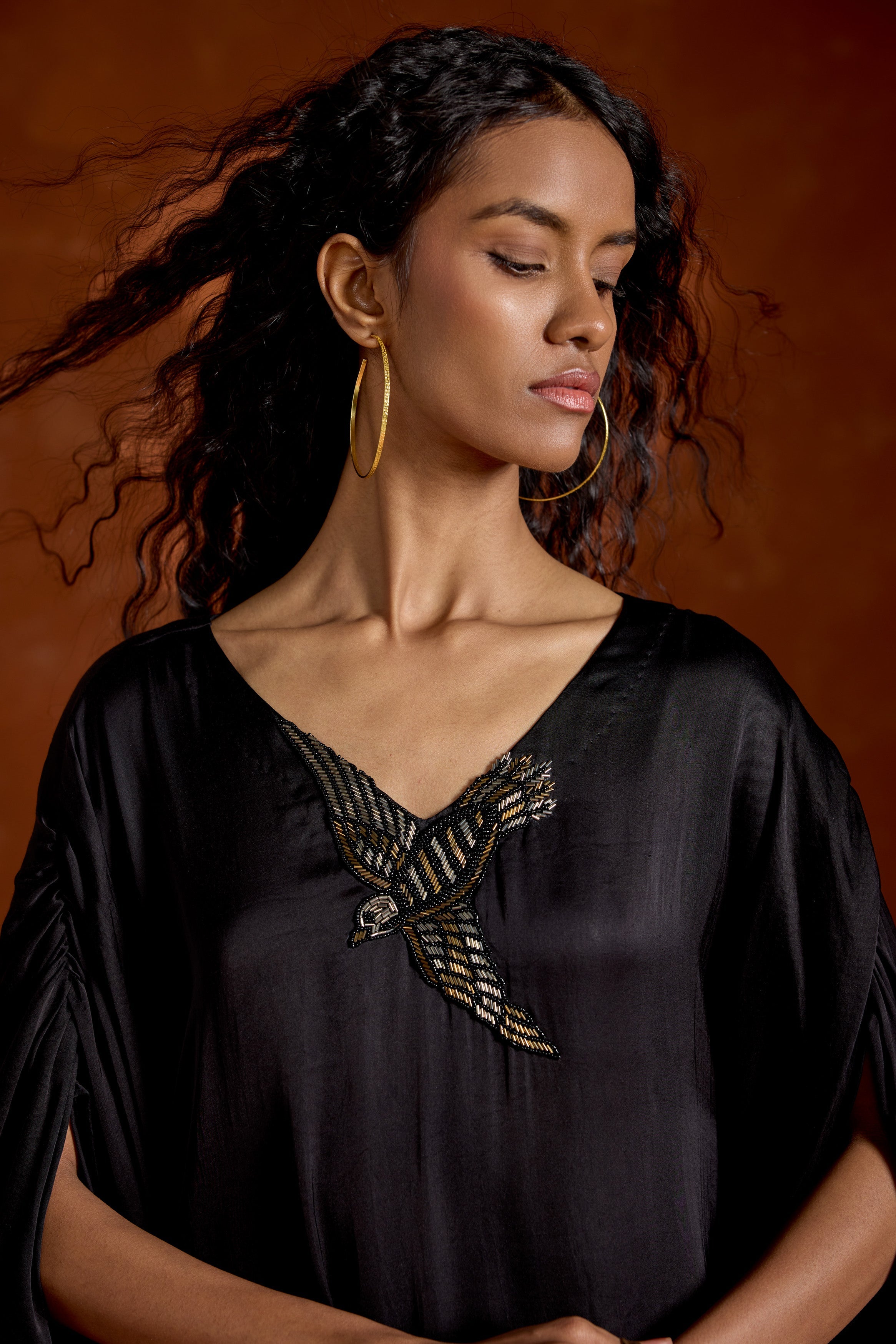 Black Embellished Satin Silk Kaftan Set