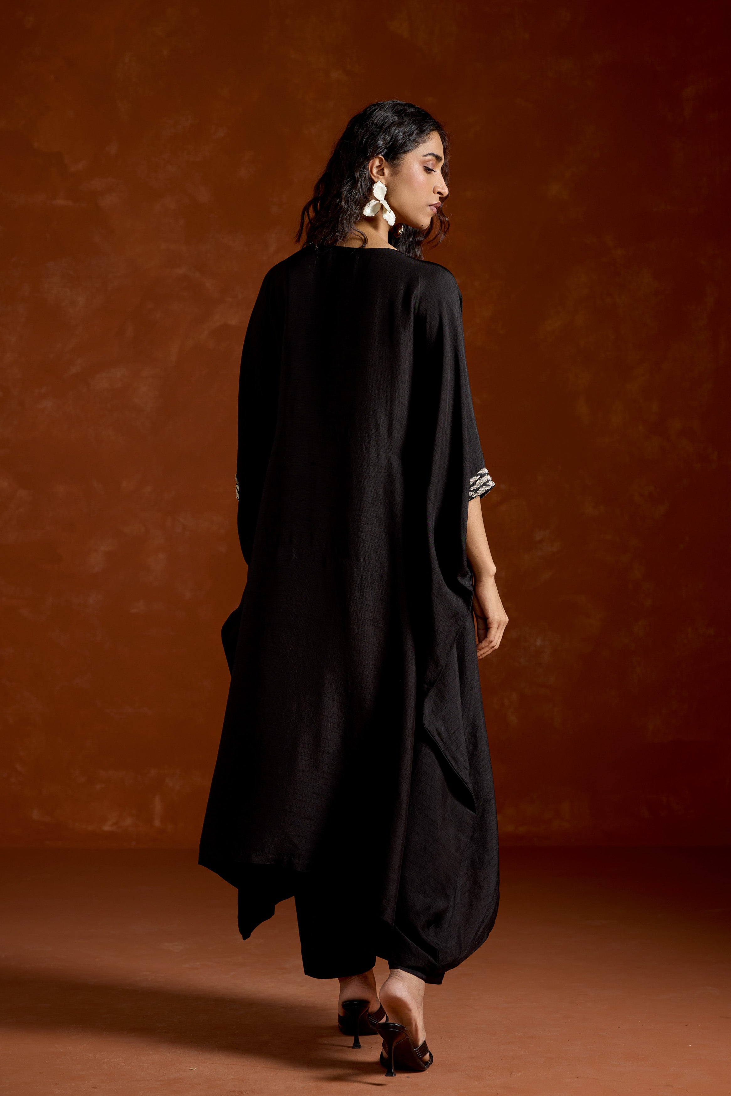 Black Embellished Raw Silk Kaftan Set