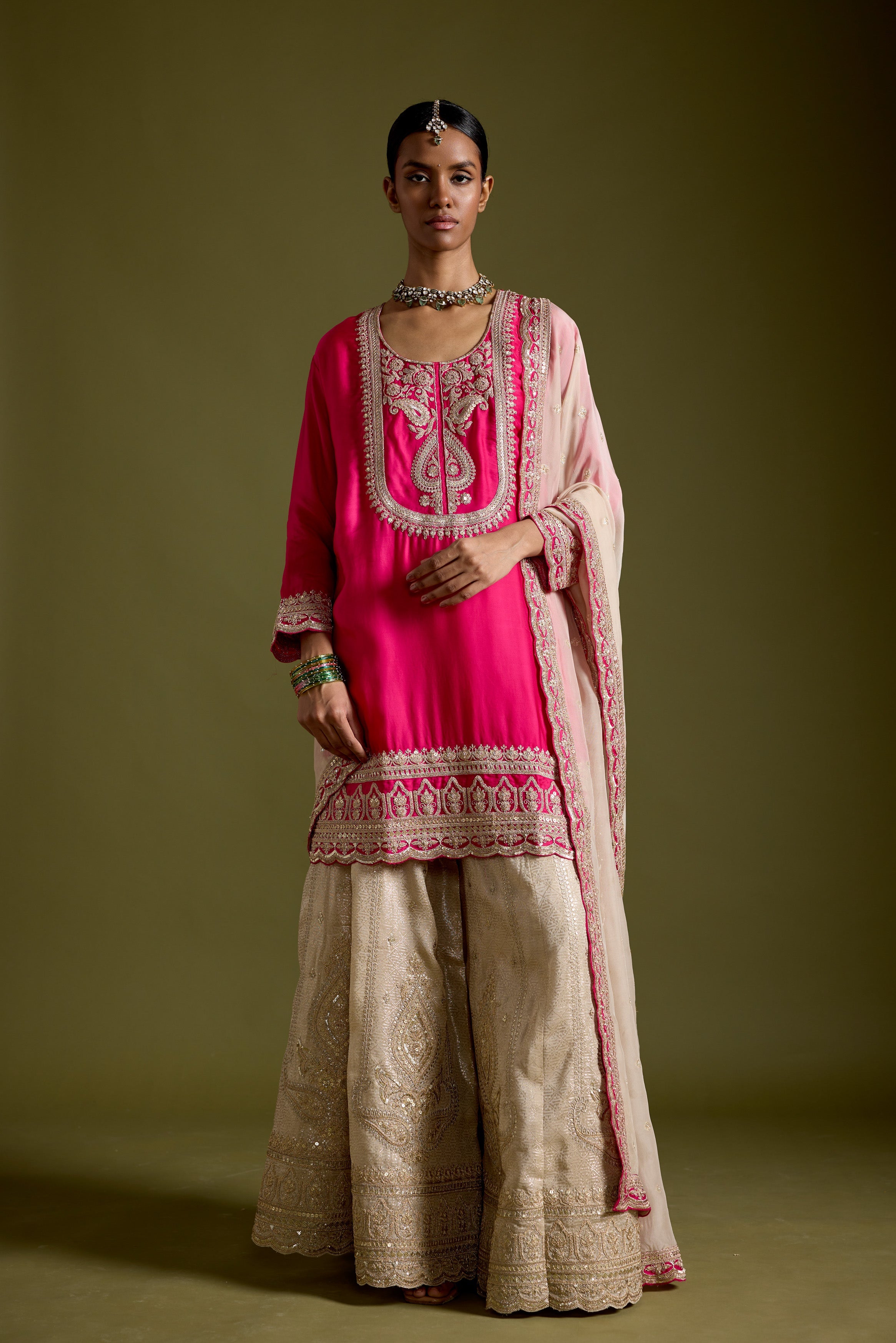 Pink Embellished Satin Silk Sharara Set