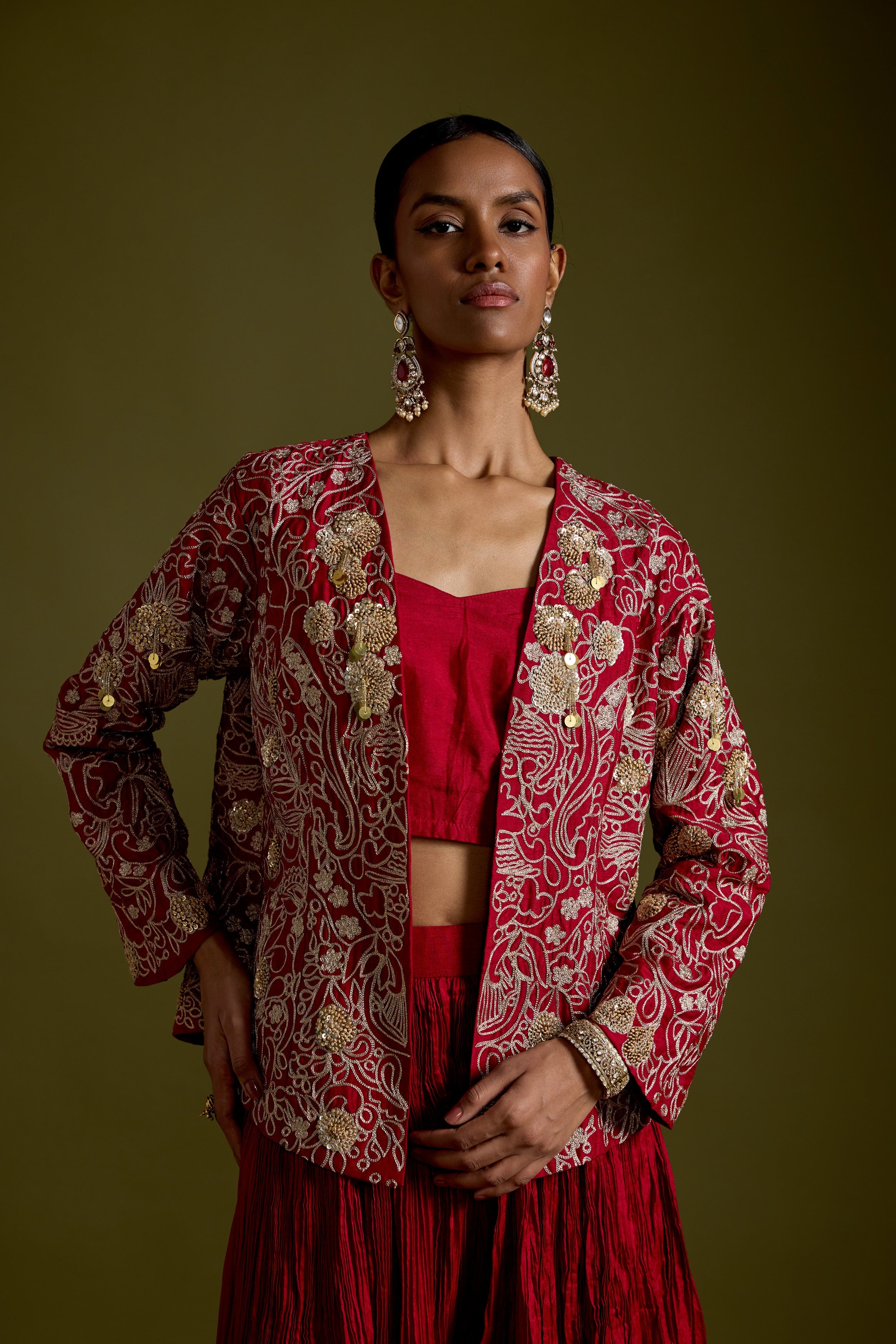 Crimson Red Embellished Organic Cotton Palazzo Set