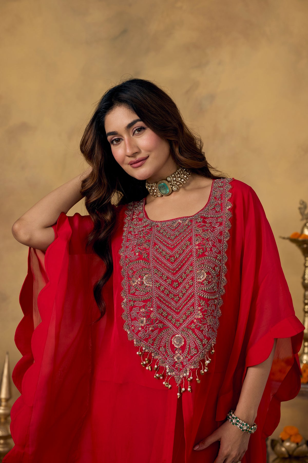 Crimson Red Embellished Organza Silk Kaftan Set