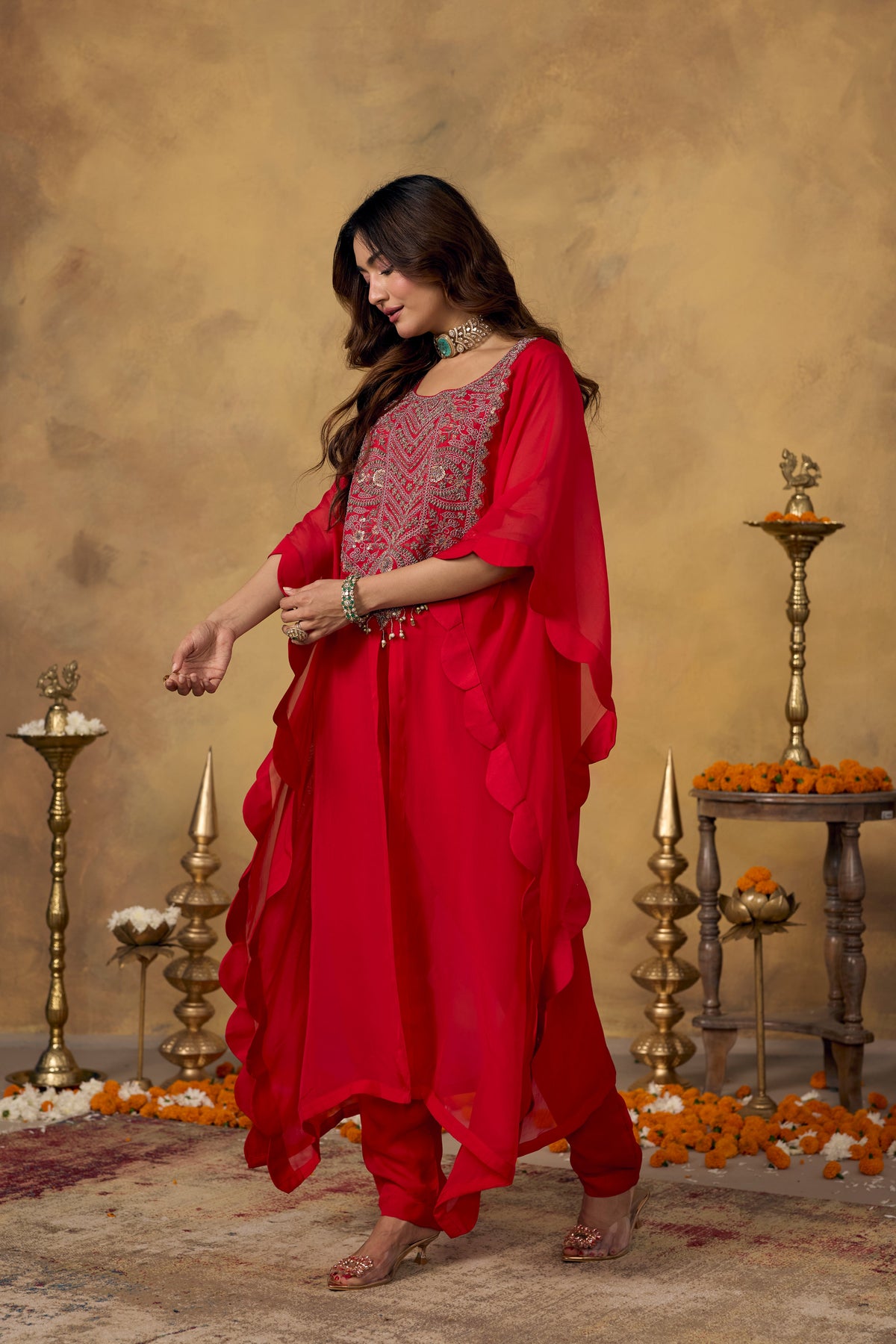 Crimson Red Embellished Organza Silk Kaftan Set