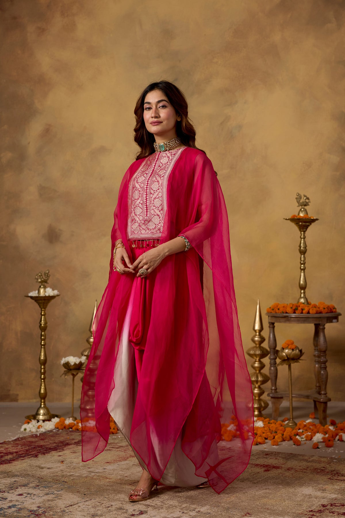 Rich Pink Embellished Organza Silk Kaftan Set