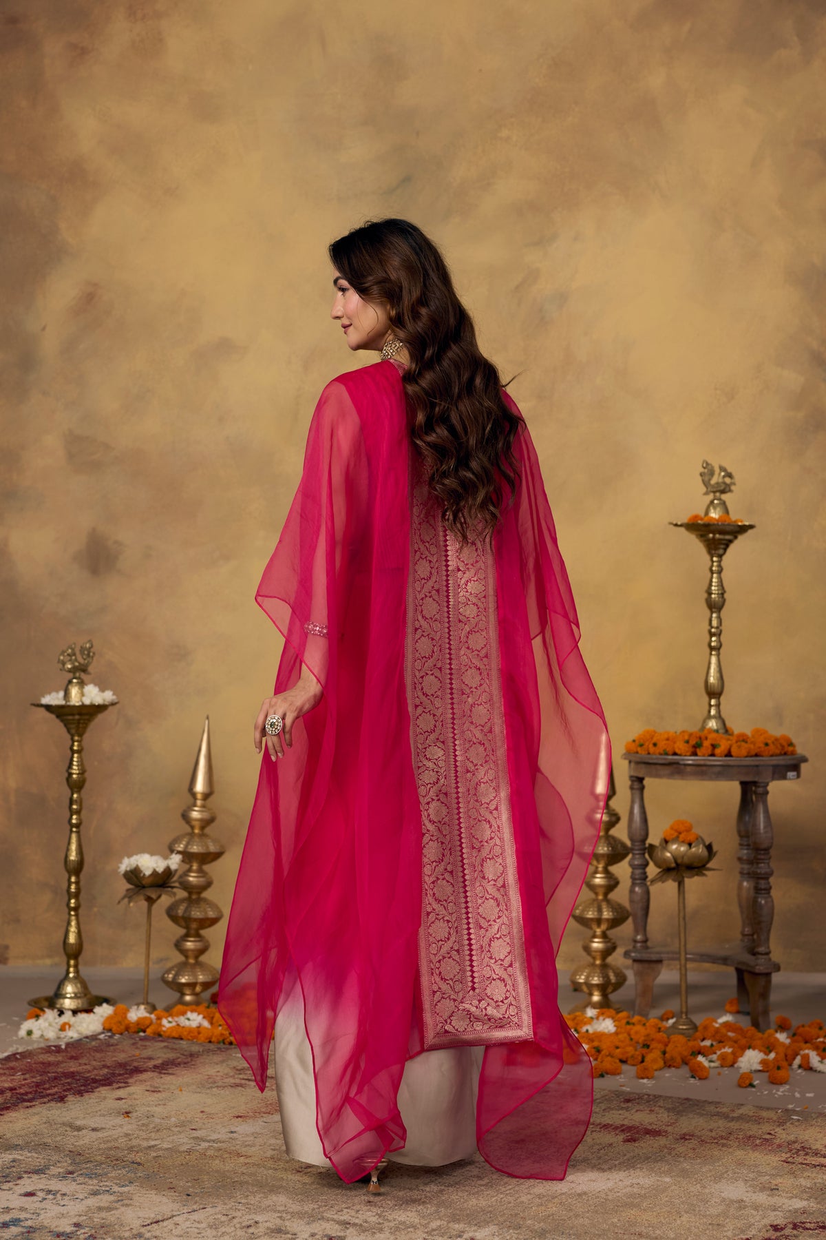 Rich Pink Embellished Organza Silk Kaftan Set