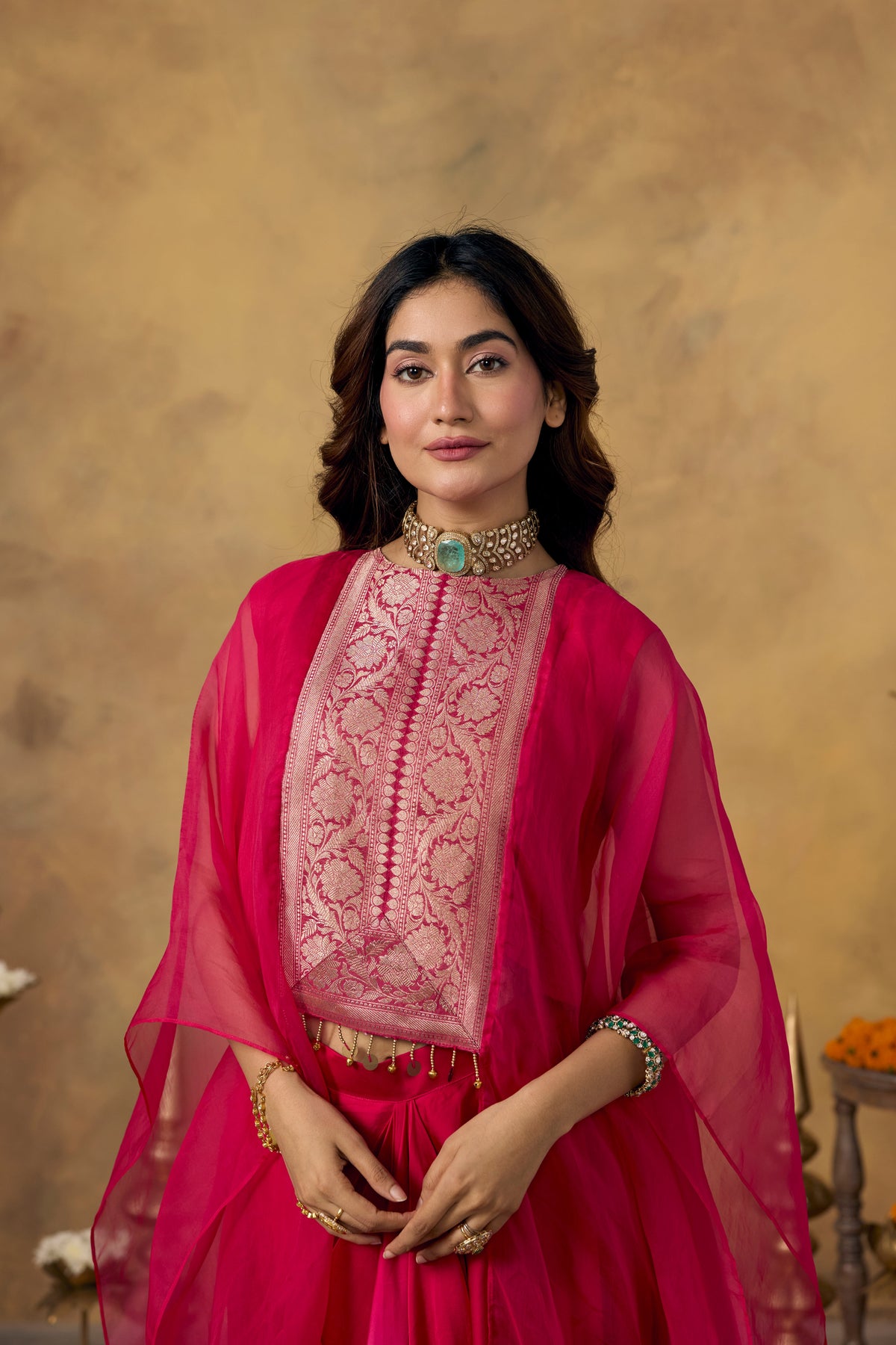 Rich Pink Embellished Organza Silk Kaftan Set