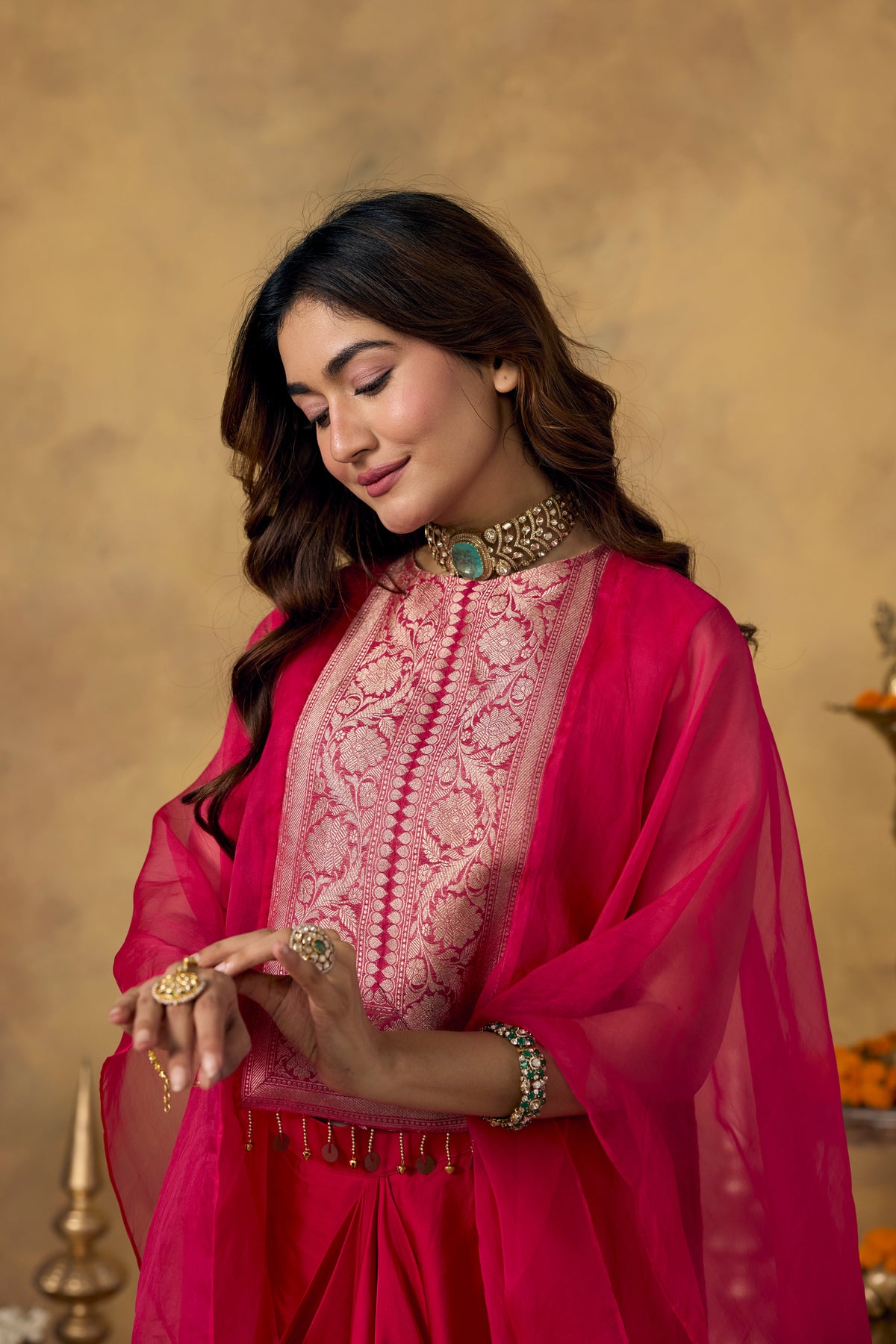 Rich Pink Embellished Organza Silk Kaftan Set